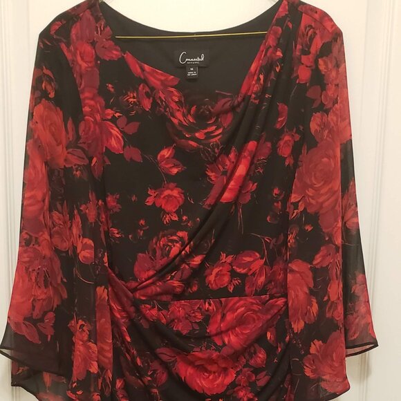 Black & Red Floral Georgette w/ Boat Neck & Cinch waist Knee length sheer sleeve - Picture 2 of 7